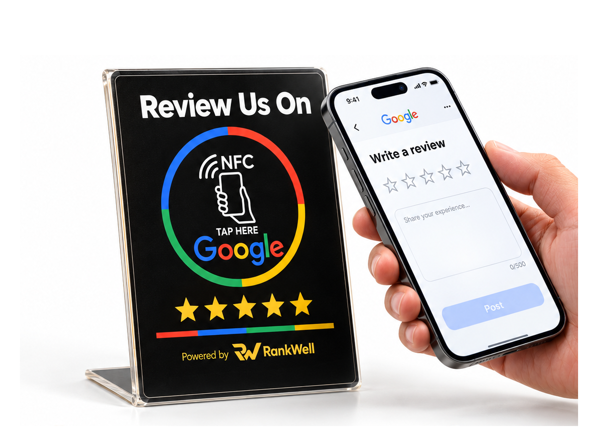 Customer tapping the RankWell stand with a phone