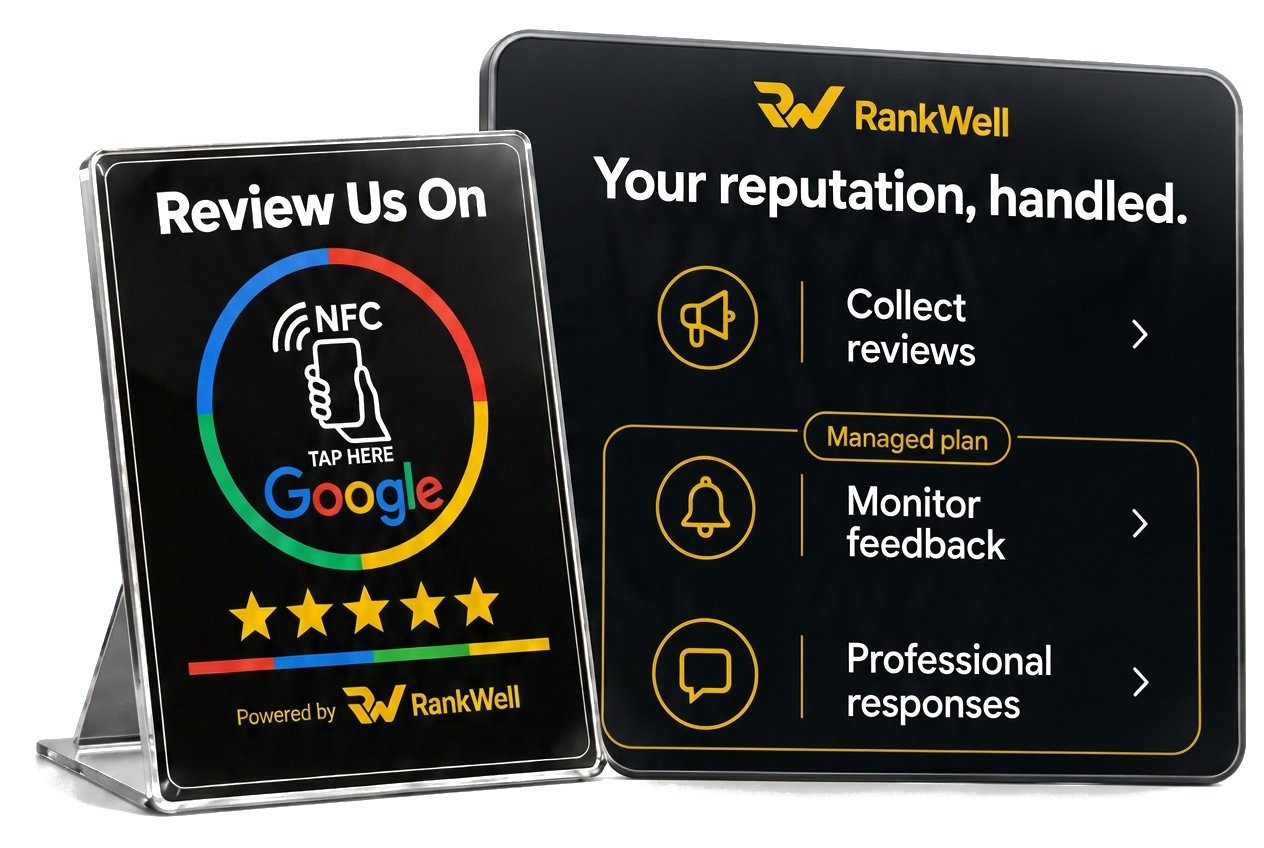 The RankWell NFC review stand beside a screen that reads Your reputation, handled, with collect reviews, monitor feedback and professional responses