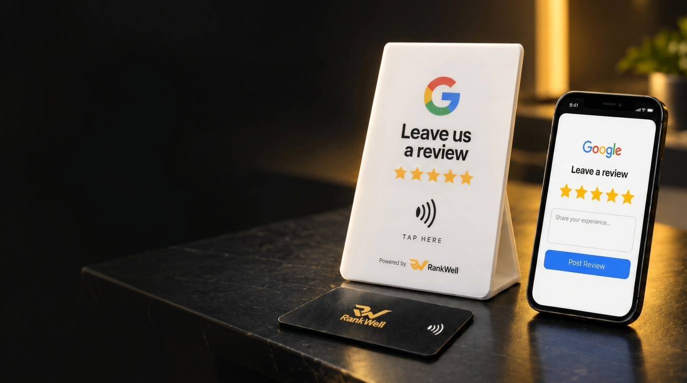 RankWell tap-to-review stand, NFC card, and phone showing a Google review screen